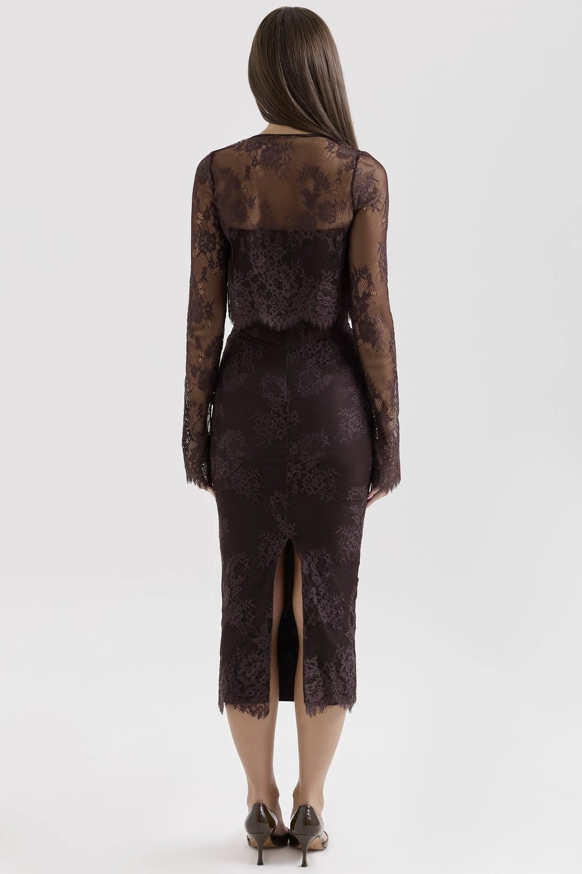 Larra Bitter Chocolate Lace Corset Midi Dress & Bolero