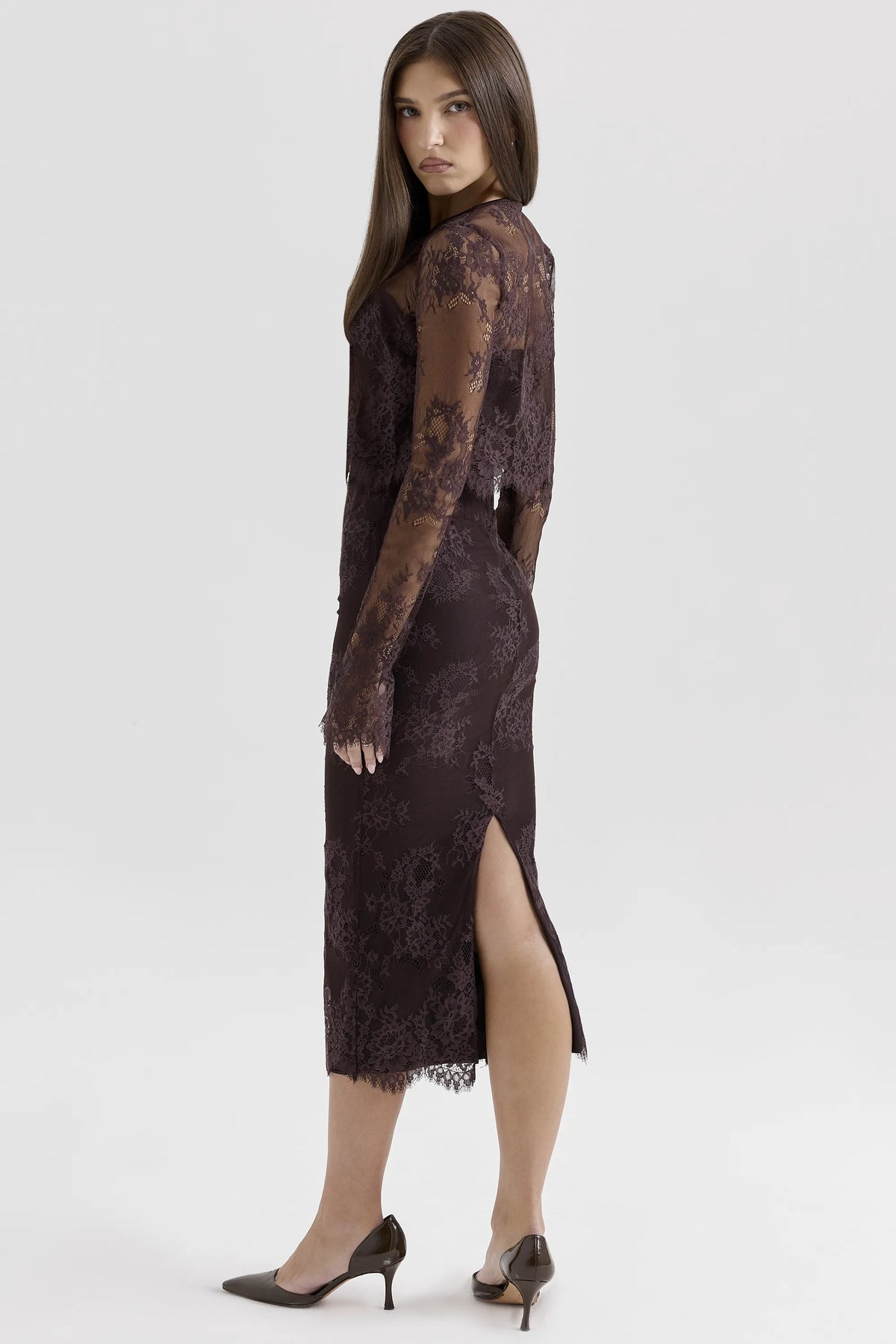 Larra Bitter Chocolate Lace Corset Midi Dress & Bolero