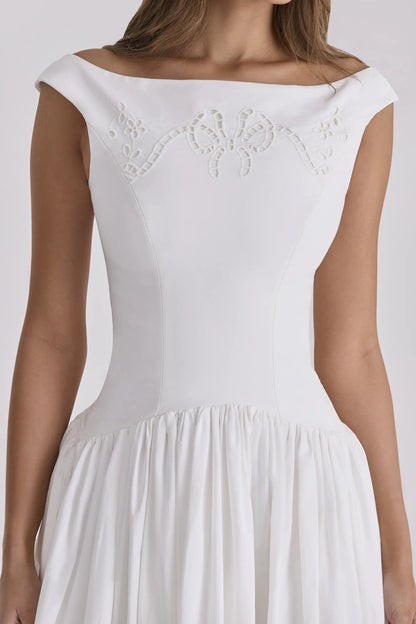 Lauren White Cotton Broderie Anglaise Boat Neck Maxi Dress