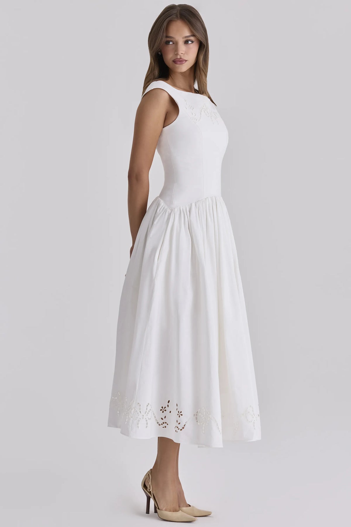 Lauren White Cotton Broderie Anglaise Boat Neck Maxi Dress