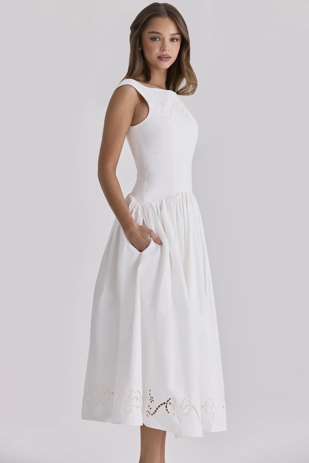 Lauren White Cotton Broderie Anglaise Boat Neck Maxi Dress