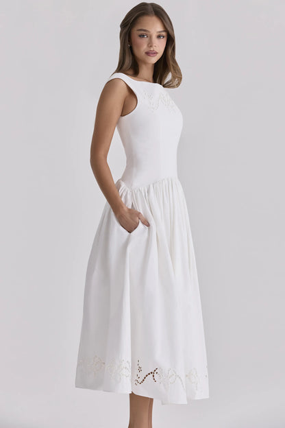 Lauren White Cotton Broderie Anglaise Boat Neck Maxi Dress