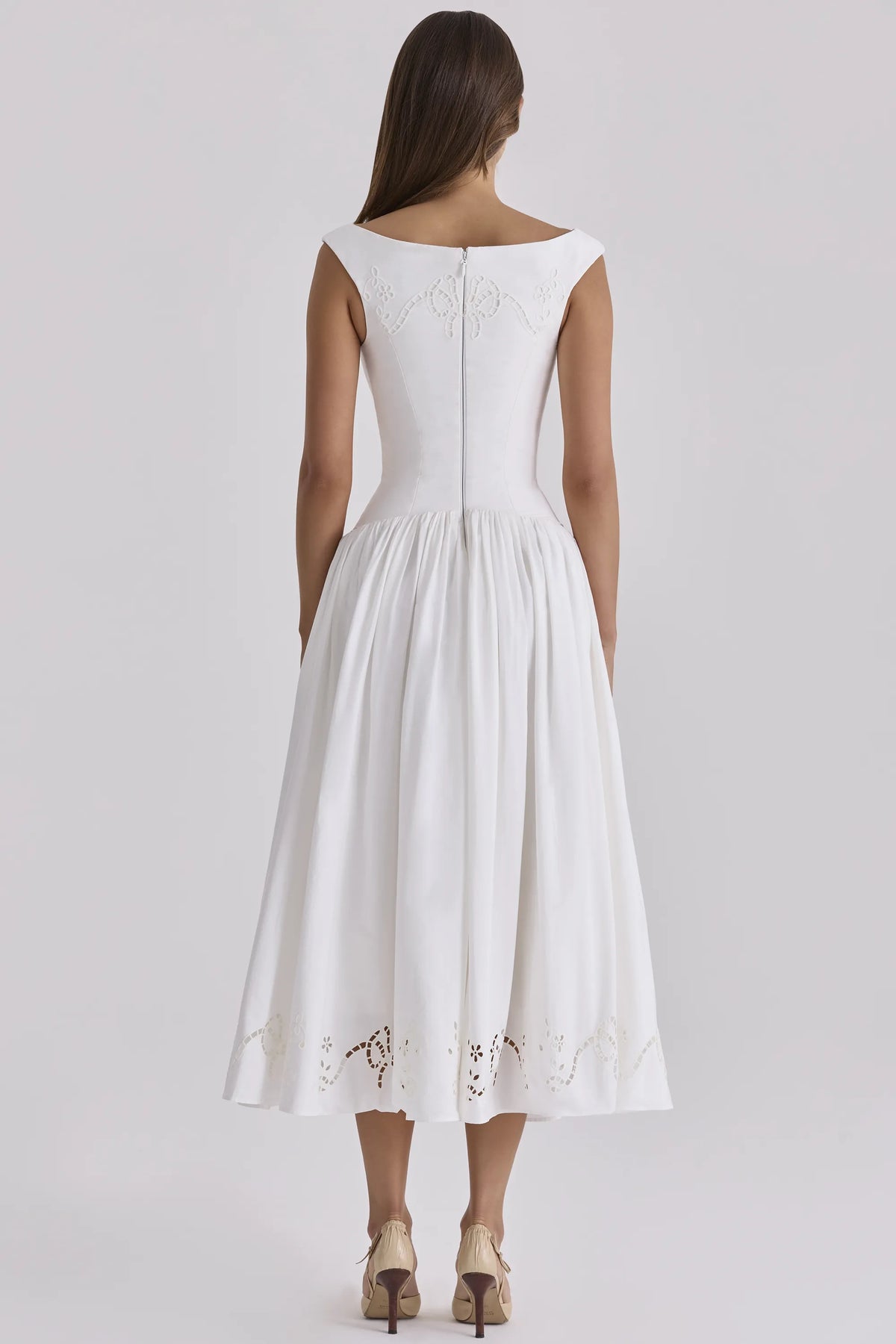 Lauren White Cotton Broderie Anglaise Boat Neck Maxi Dress