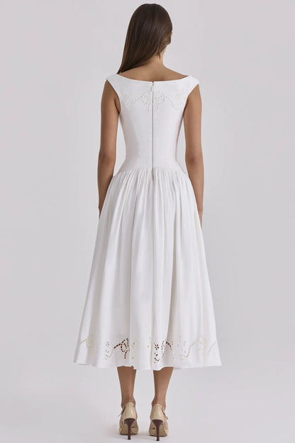 Lauren White Cotton Broderie Anglaise Boat Neck Maxi Dress