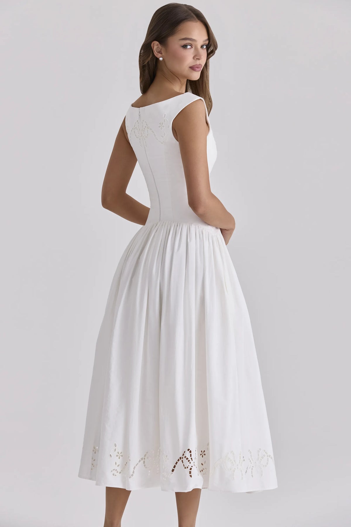 Lauren White Cotton Broderie Anglaise Boat Neck Maxi Dress
