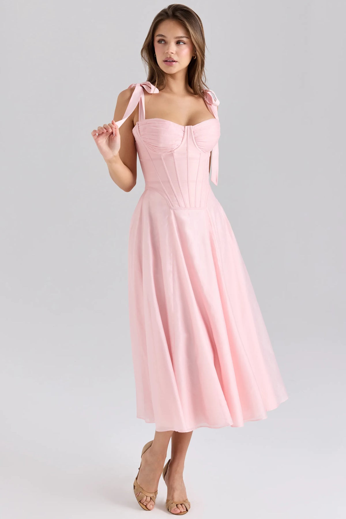 Leia Pink Chiffon Tie Strap Midi Dress