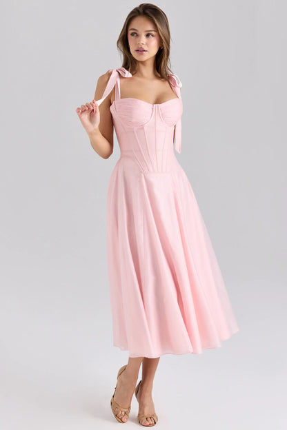 Leia Pink Chiffon Tie Strap Midi Dress