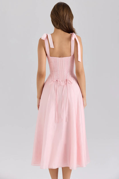 Leia Pink Chiffon Tie Strap Midi Dress