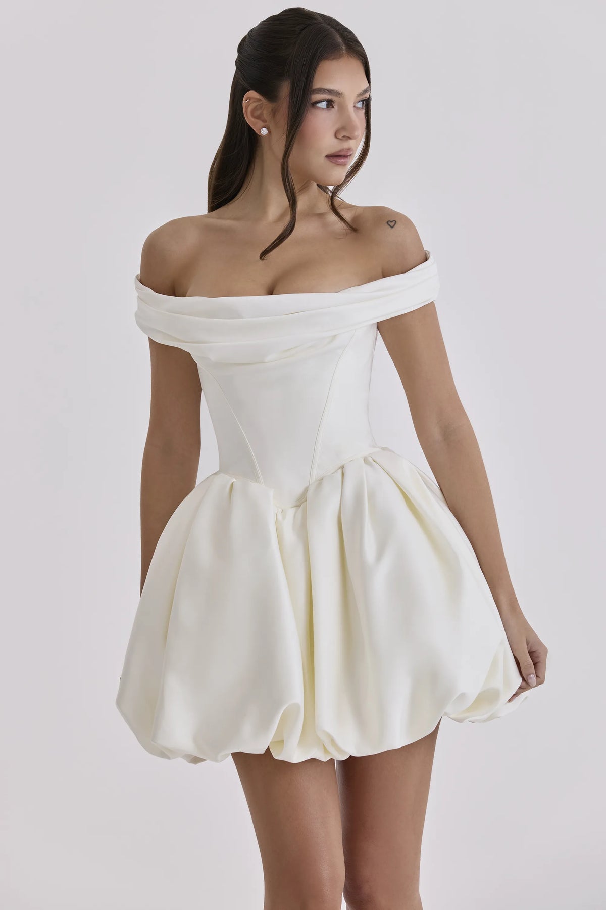 Leonora Ivory Satin Off Shoulder Mini Bridal Gown