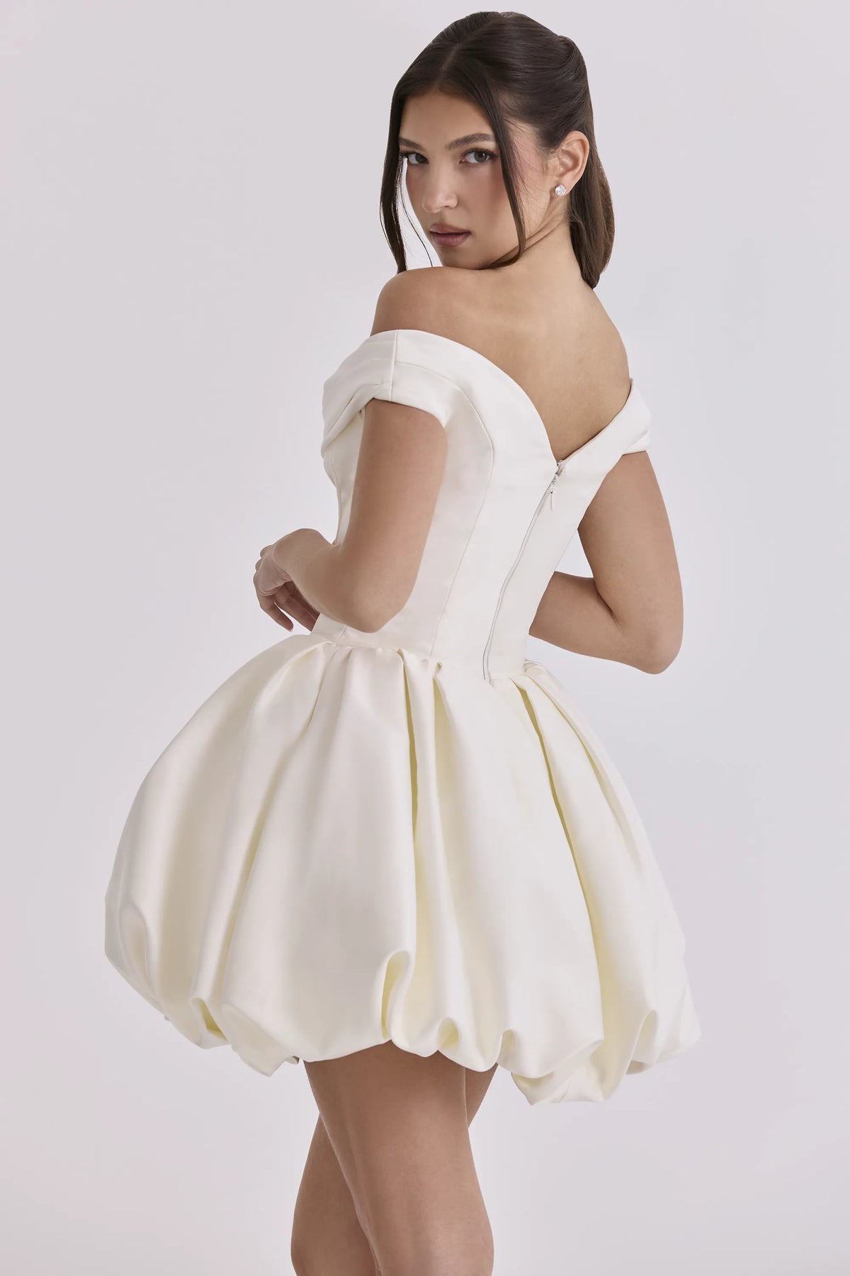 Leonora Ivory Satin Off Shoulder Mini Bridal Gown
