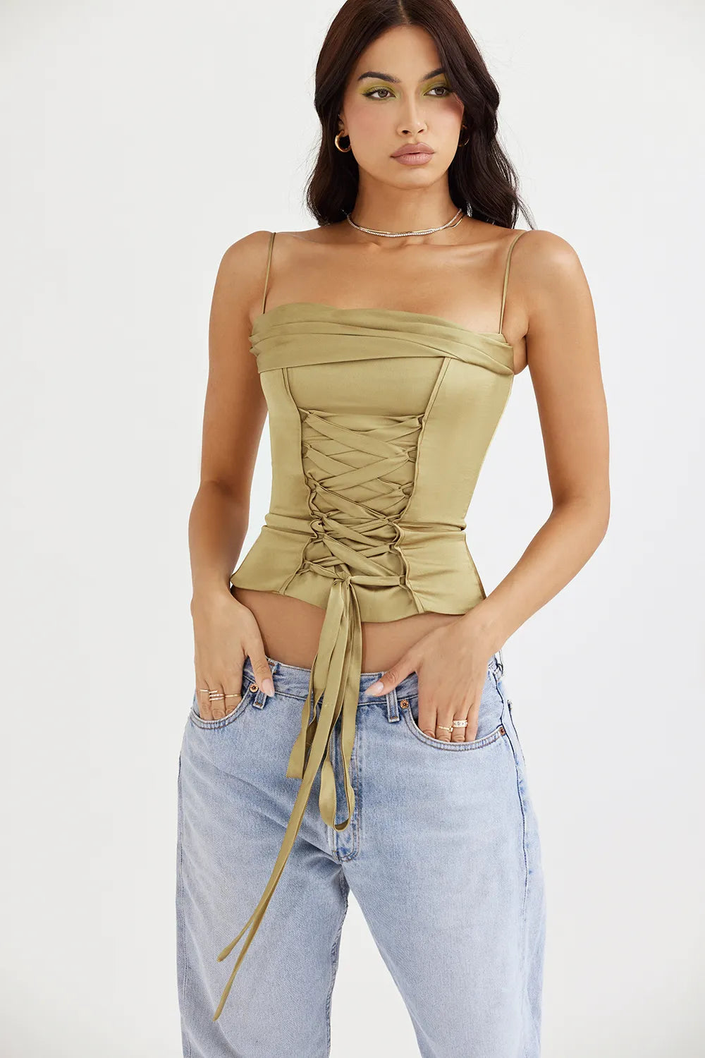 Letitia Olive Satin Lace Up Corset