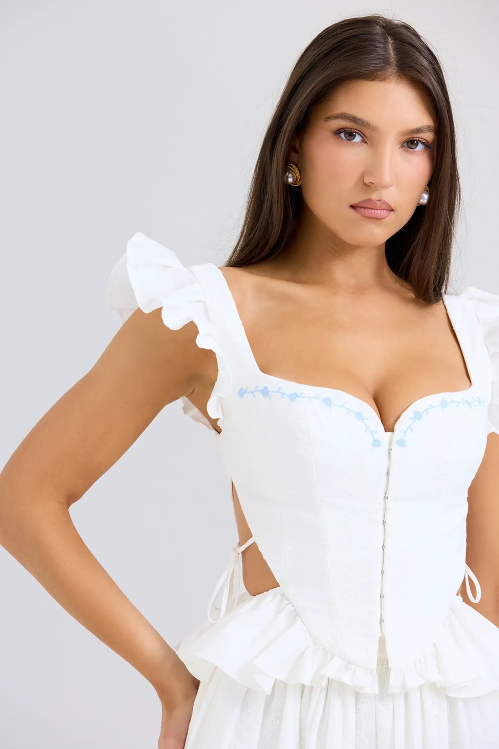 Lilibet White Embroidered Cotton Peplum Corset Top