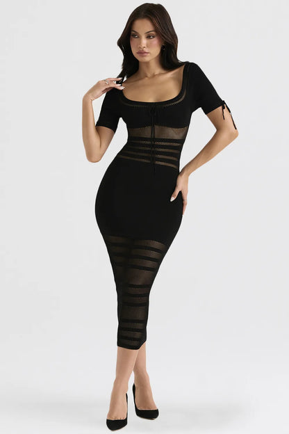 Lilla Black Openwork Knit Midi Dress