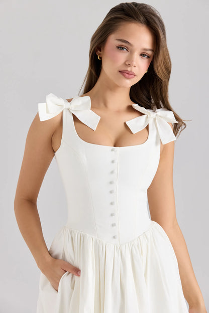 Lillia White Stretch Cotton Bow Midi Dress