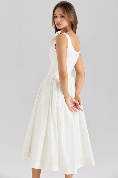 Lillia White Stretch Cotton Bow Midi Dress