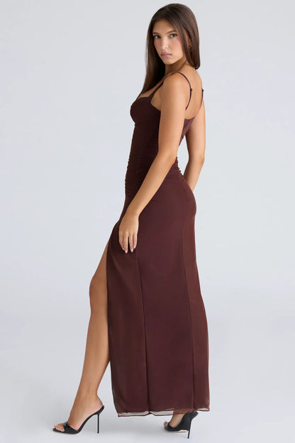 Lini Burgundy Stretch Mesh Maxi Dress