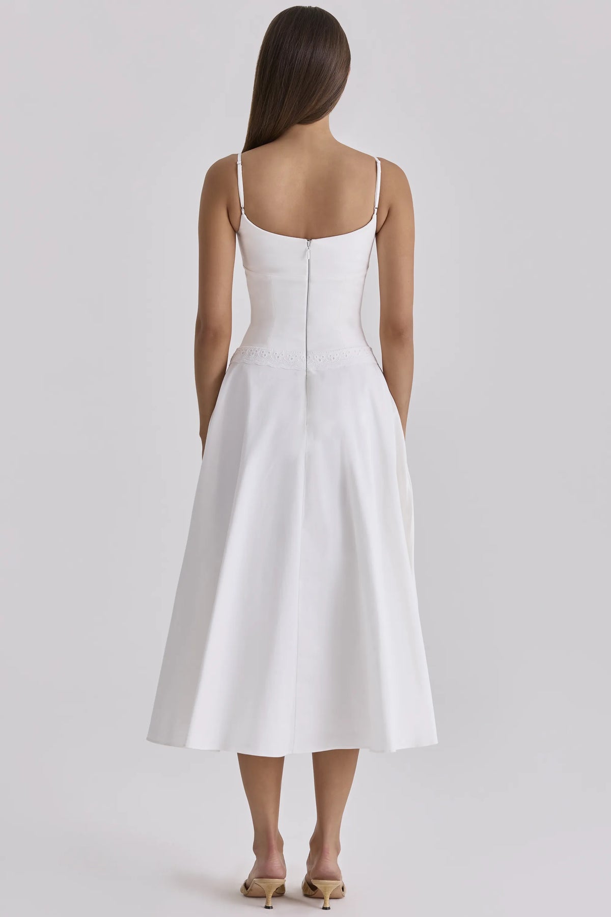Liora White Cotton Broderie Anglaise Trim Midi Sundress