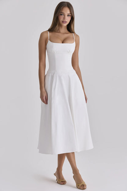 Liora White Cotton Broderie Anglaise Trim Midi Sundress