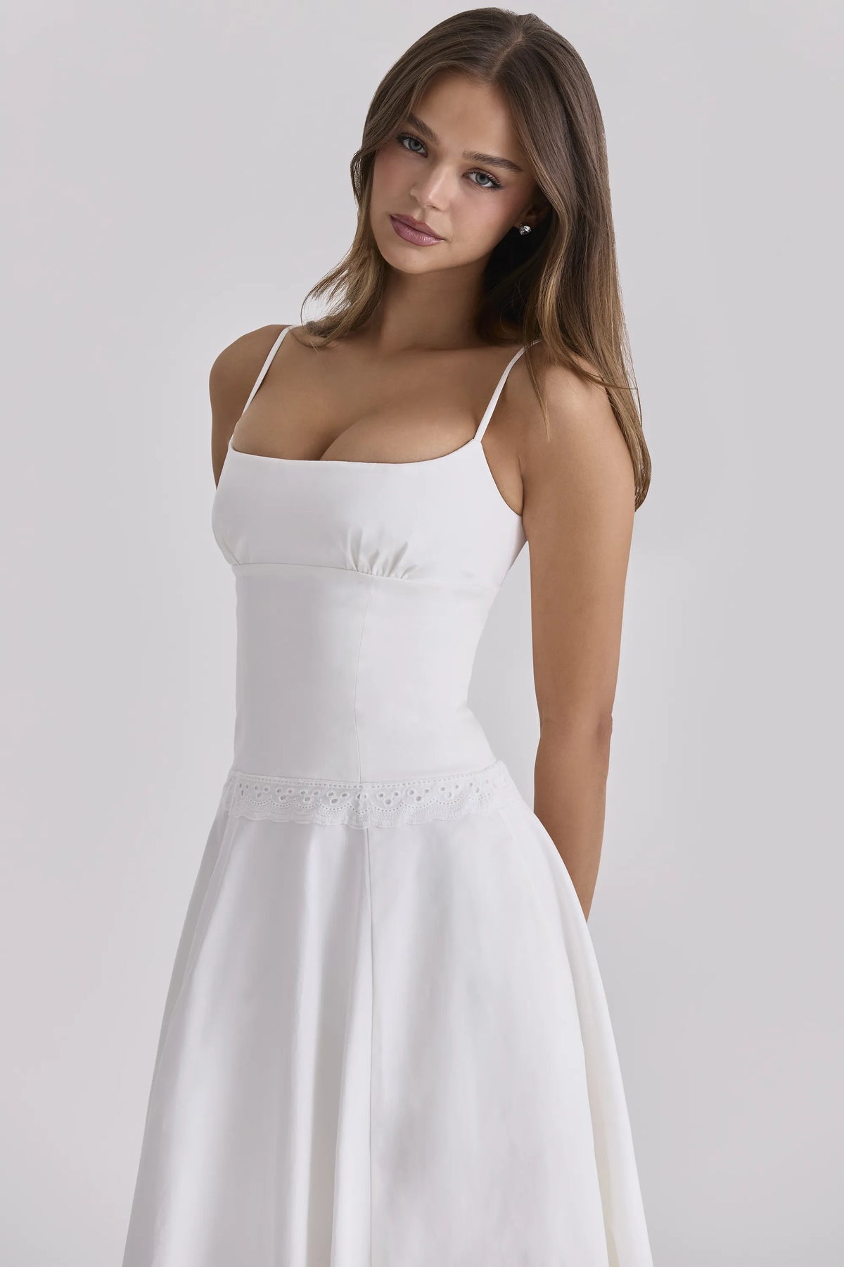 Liora White Cotton Broderie Anglaise Trim Midi Sundress