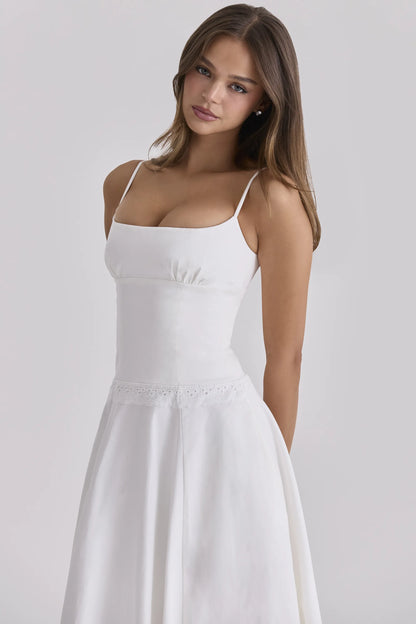 Liora White Cotton Broderie Anglaise Trim Midi Sundress