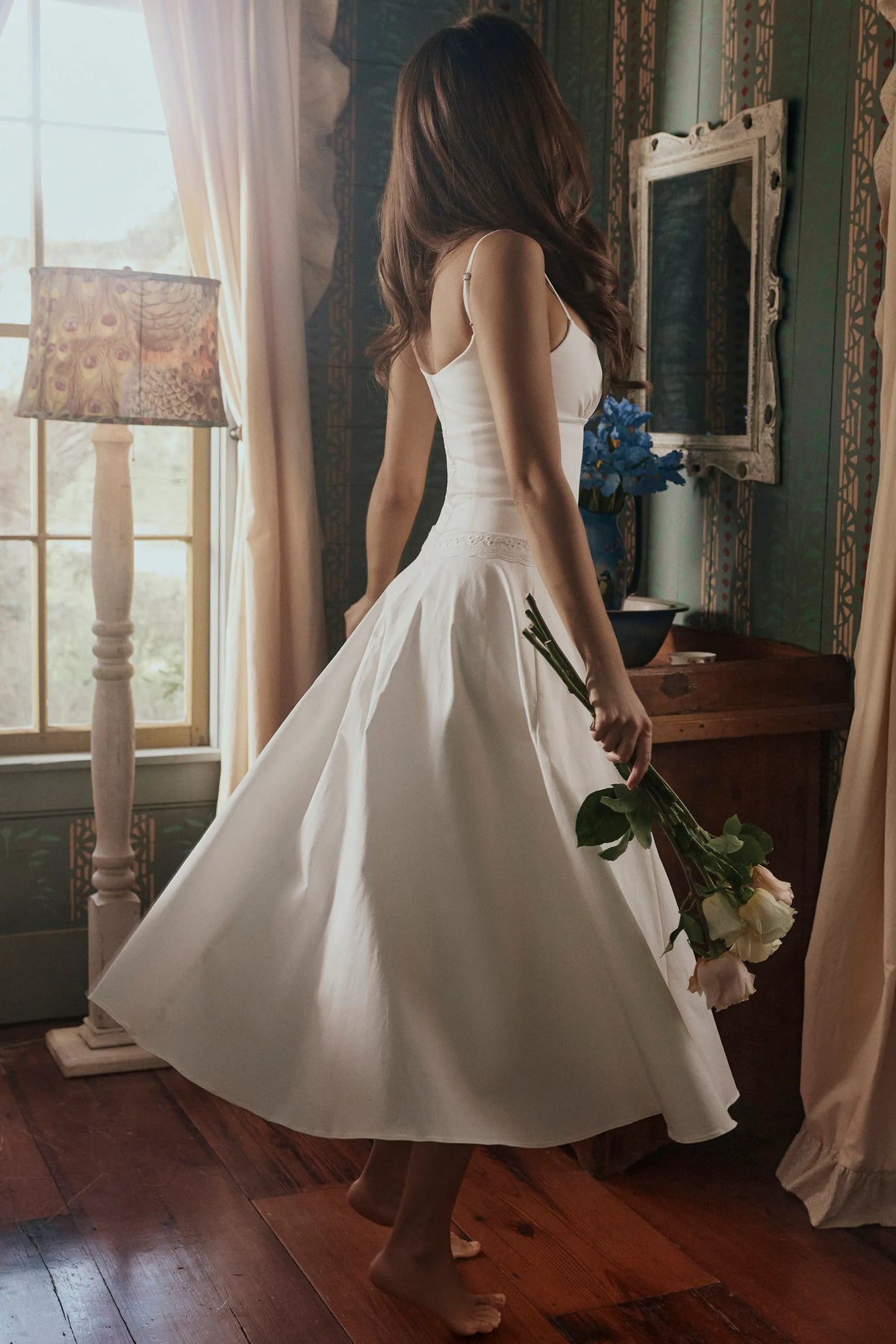 Liora White Cotton Broderie Anglaise Trim Midi Sundress