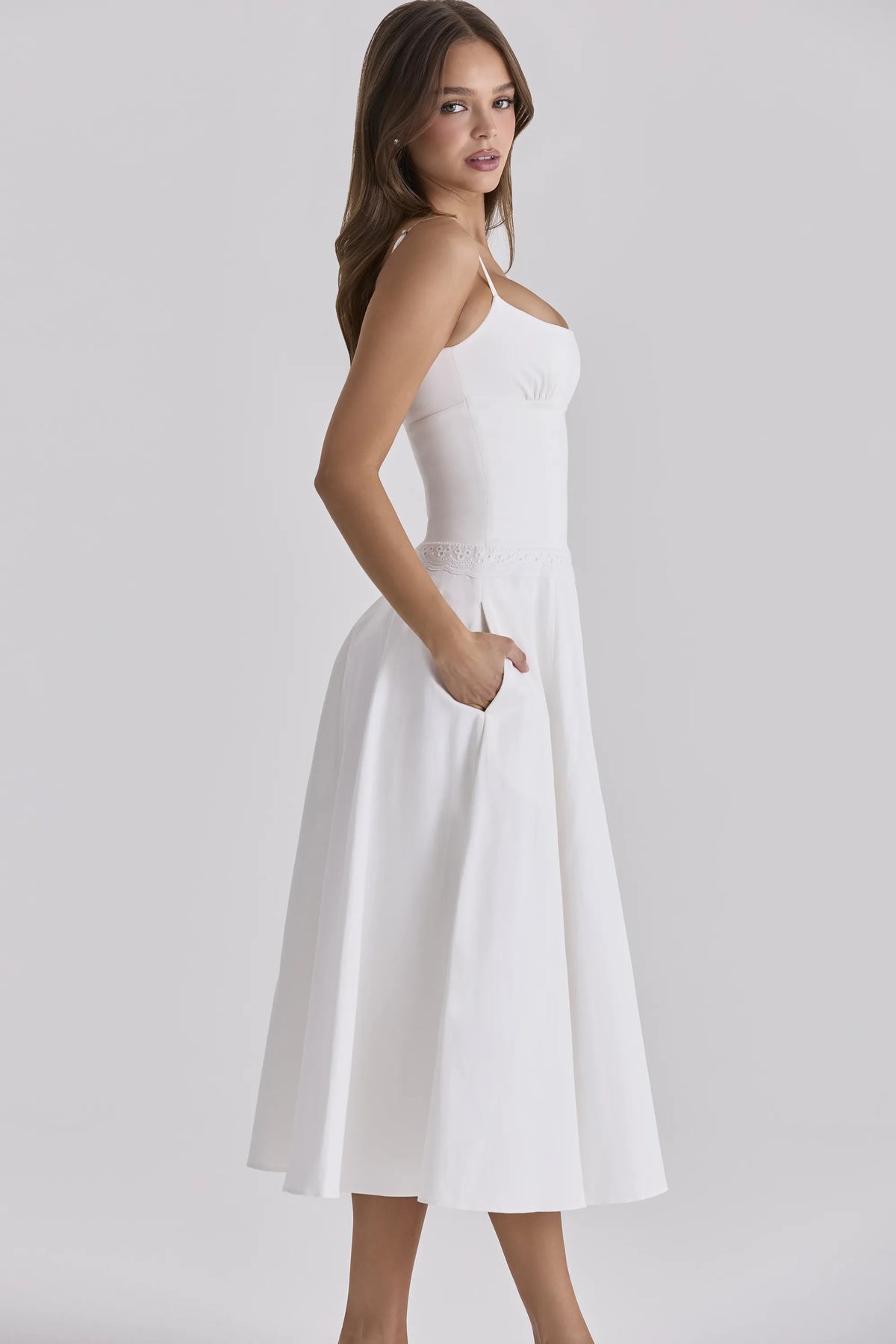 Liora White Cotton Broderie Anglaise Trim Midi Sundress