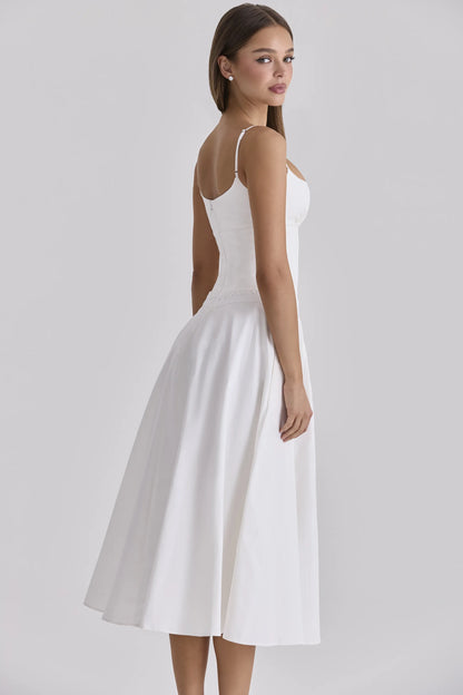 Liora White Cotton Broderie Anglaise Trim Midi Sundress