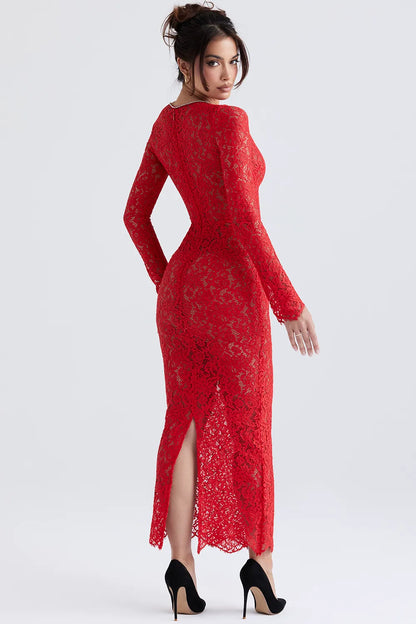 Lisandra Red Lace Maxi Dress