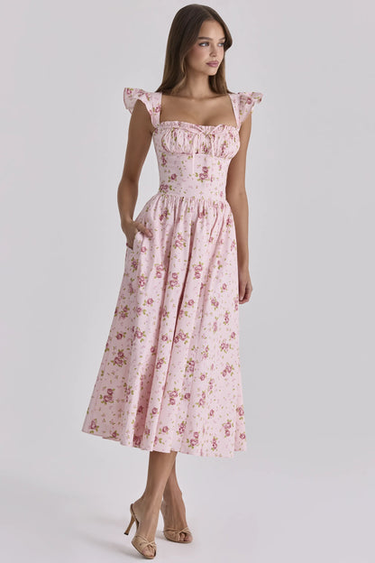 Livia Pink Vintage Rose Cotton Midi Sundress