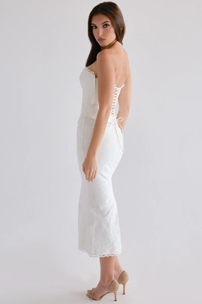 Antonie White Cotton Broderie Anglaise Midi Skirt