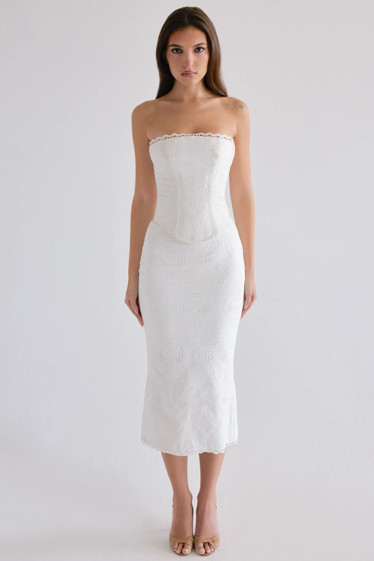 Antonie White Cotton Broderie Anglaise Midi Skirt