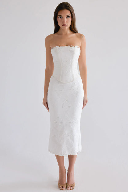 Antonie White Cotton Broderie Anglaise Midi Skirt