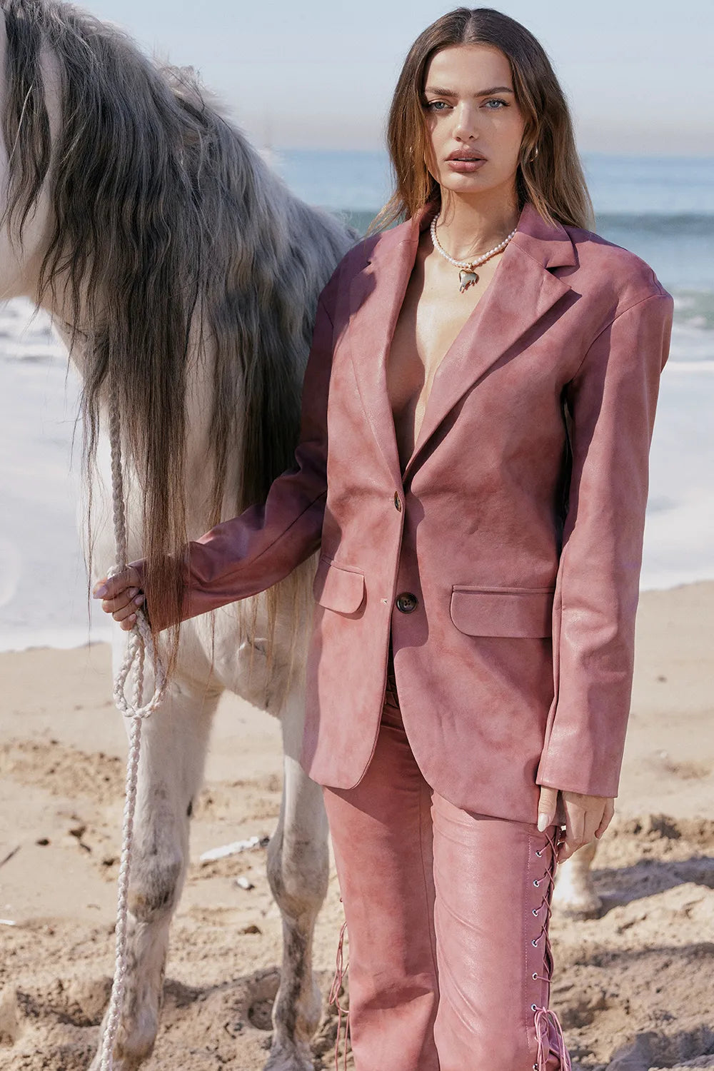 Kiera Warm Pink Vegan Leather Oversized Blazer