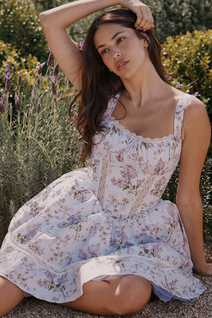 Kimmie Lilac Ribbon Print Cotton Mini Dress