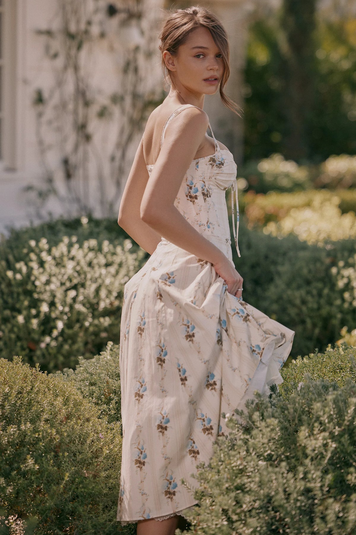 Rosalee Cream Floral Print Cotton Corset Midi Dress