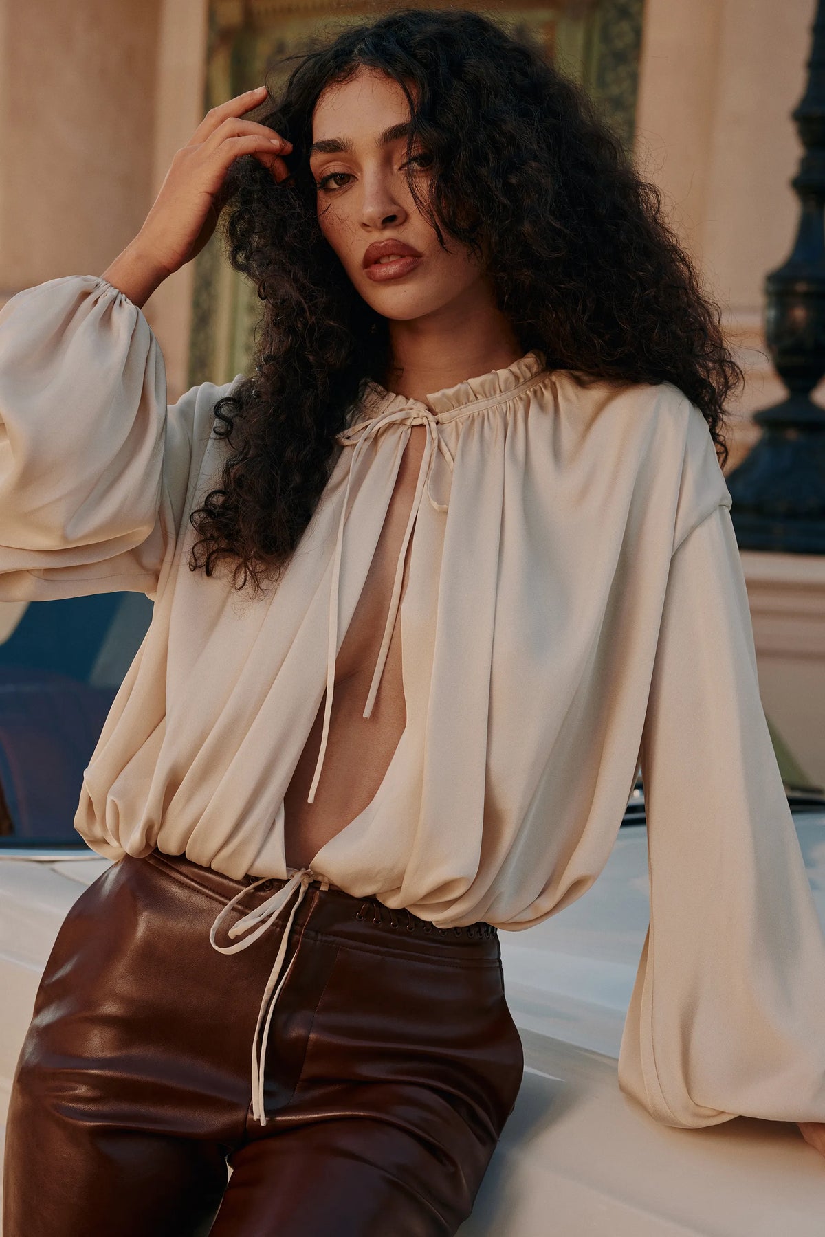 Talia Ecru Satin Open Front Blouse