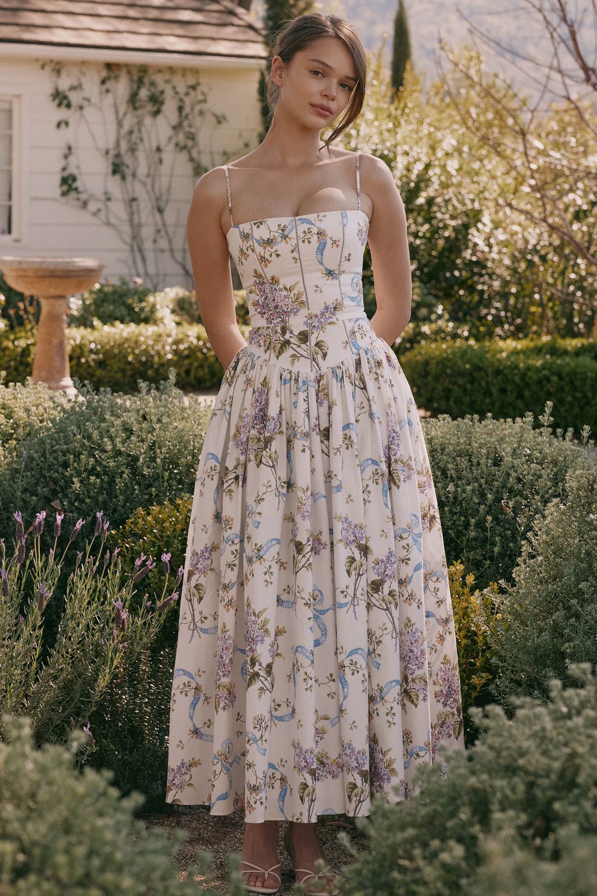 Ysabella Off White Vintage Ribbon Print Cotton Midi Sundress