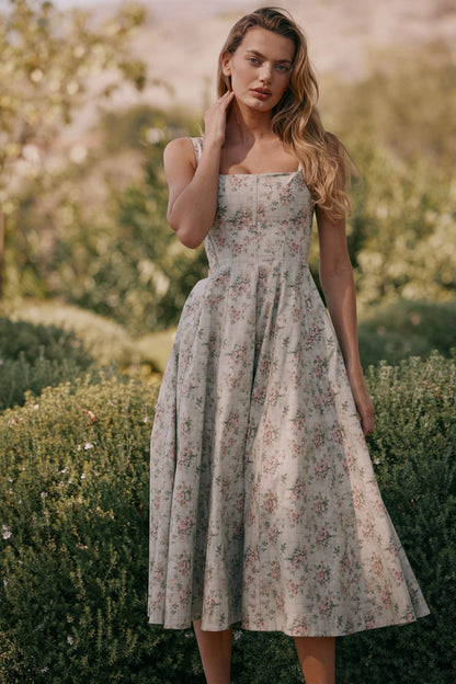 Mariabella Sage Floral Print Cotton Midi Dress
