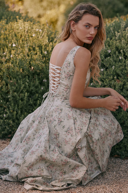 Mariabella Sage Floral Print Cotton Midi Dress