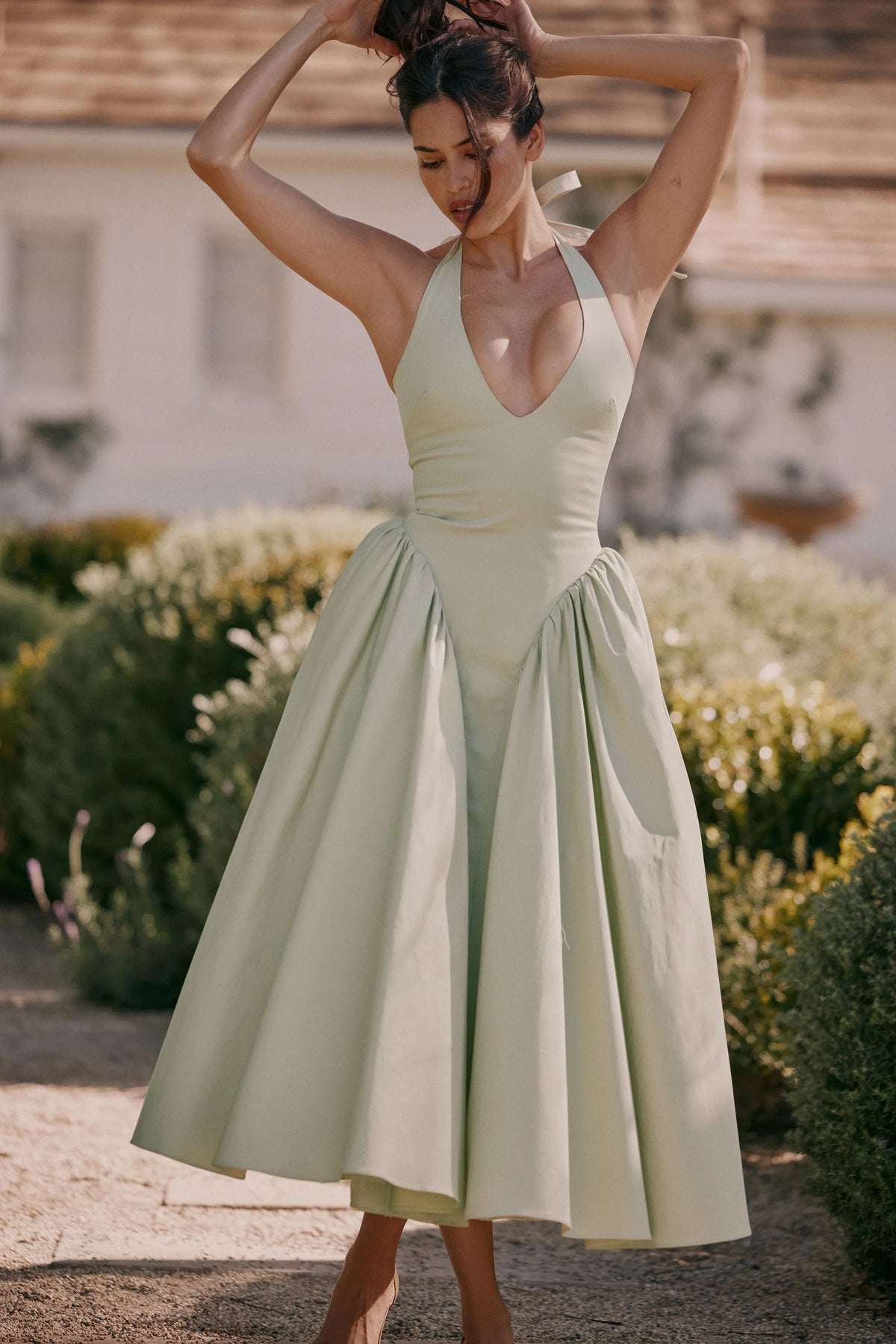 Marilyn Pistachio Cotton Halter Midi Sundress