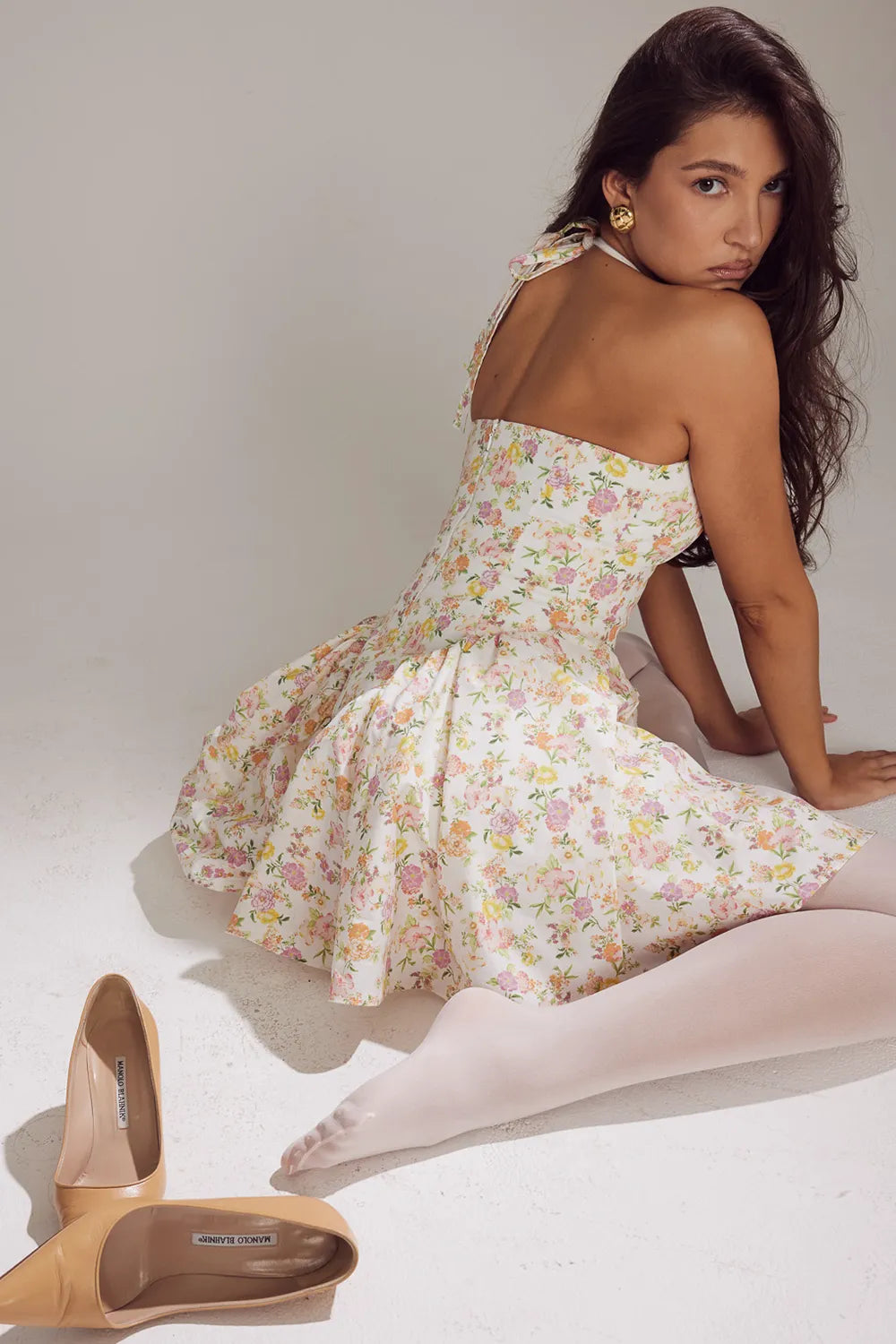Valentia Ivory Meadow Print Cotton Halter Mini Dress