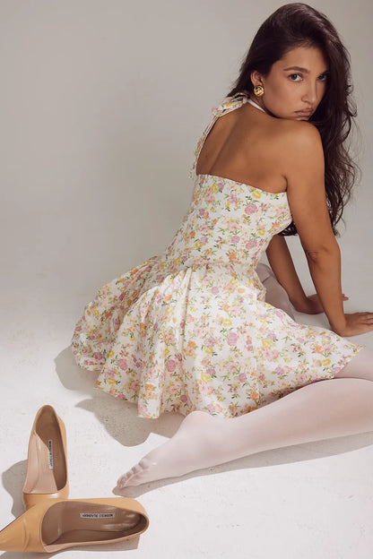 Valentia Ivory Meadow Print Cotton Halter Mini Dress