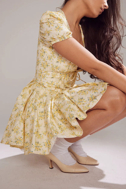 Imani Buttercup Vintage Floral Print Pleated Cotton Mini Dress