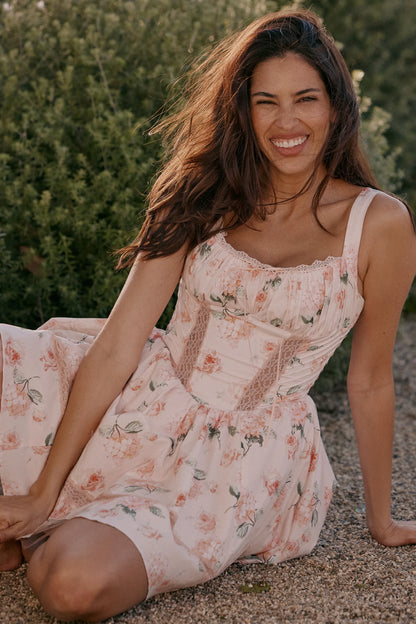 Kimmie Peach Floral Rose Print Cotton Mini Dress