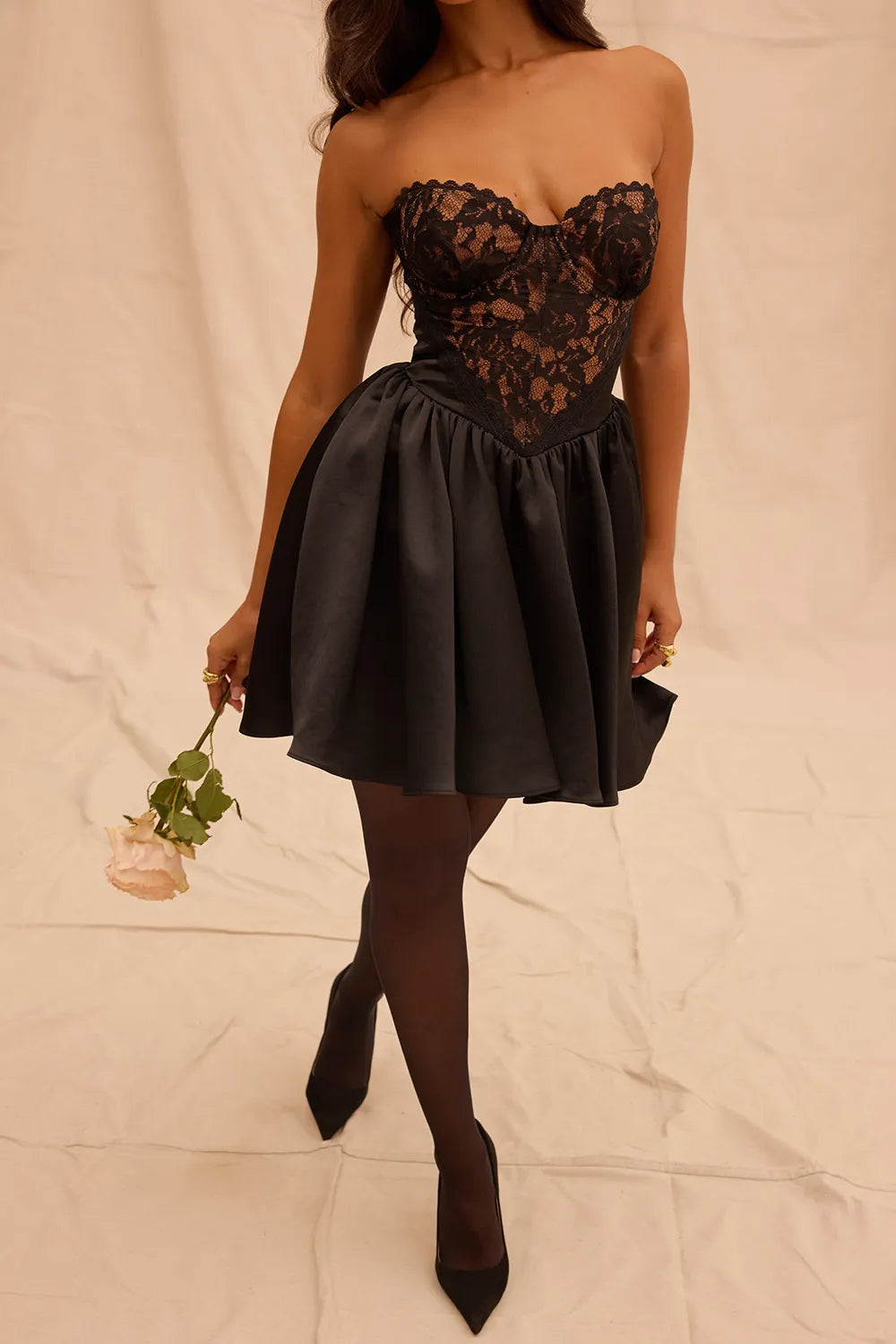 Jadore Black Lace and Satin Strapless Mini Dress