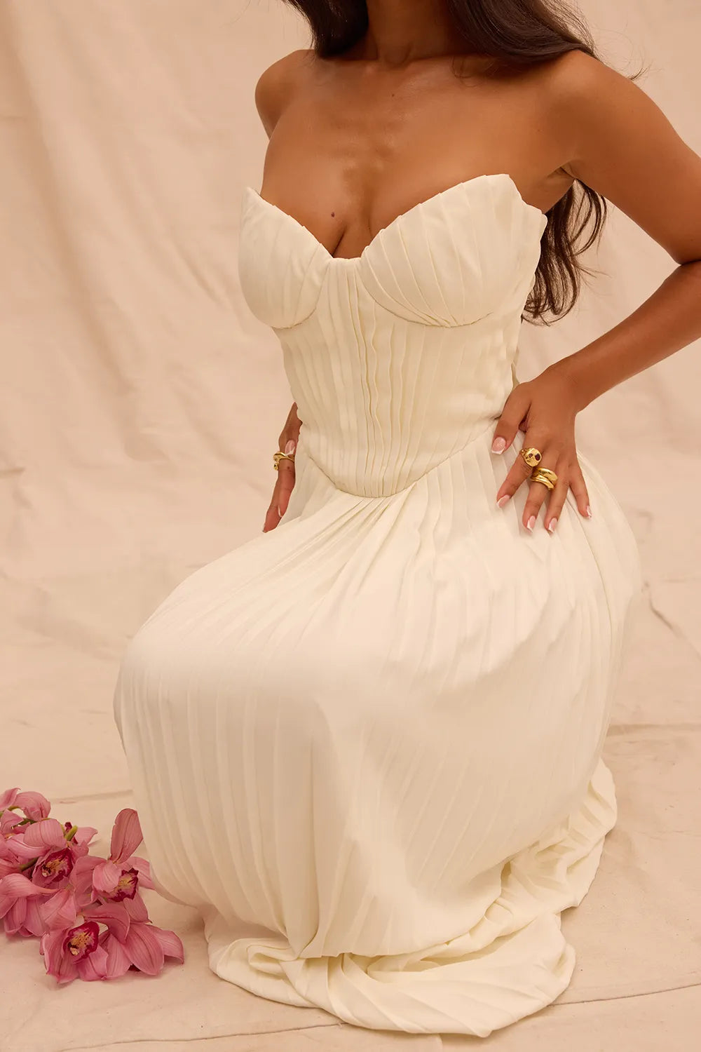 Amorata Ivory Pleated Maxi Dress