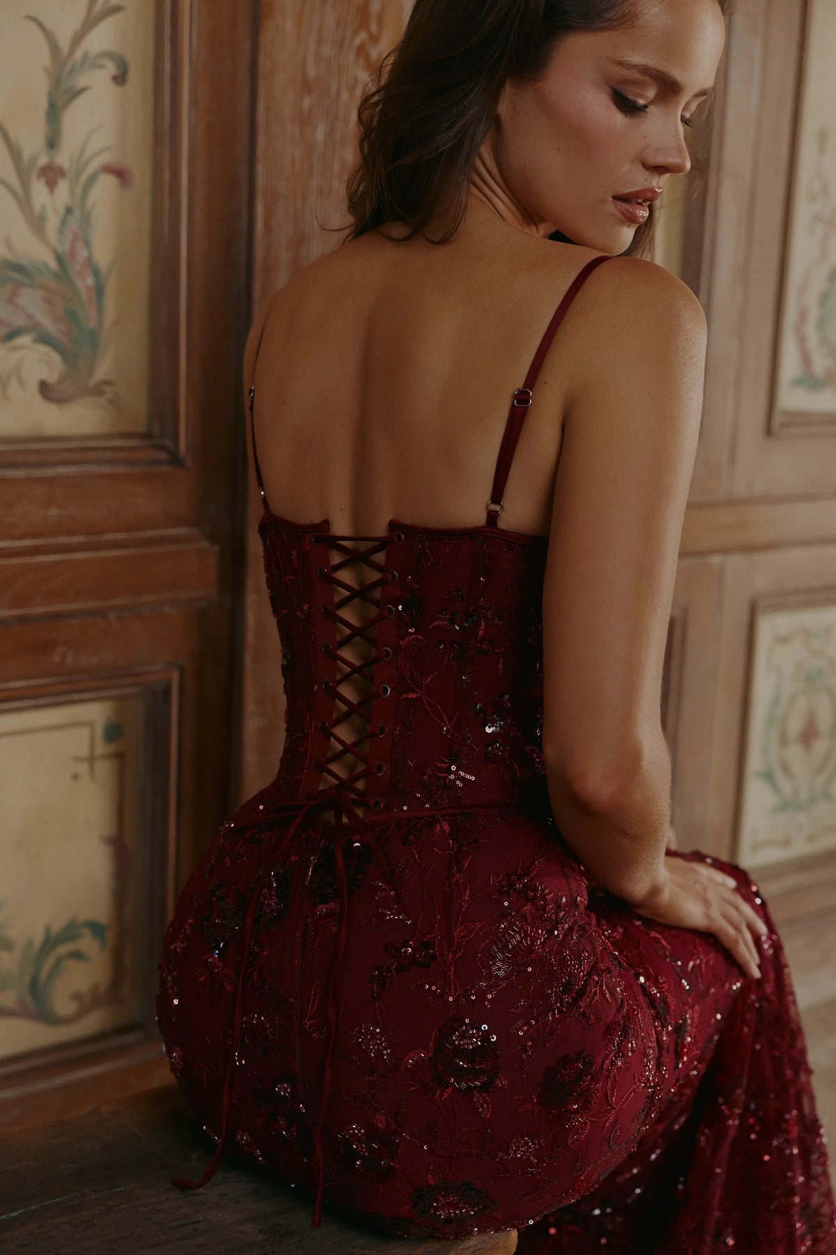 Naima Wine Hand Beaded Embellished Corset Maxi Dress - Limited Edition