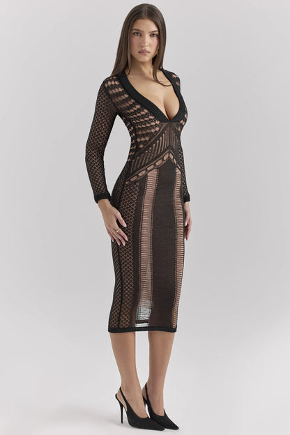 Loula Black Plunge Midi Dress