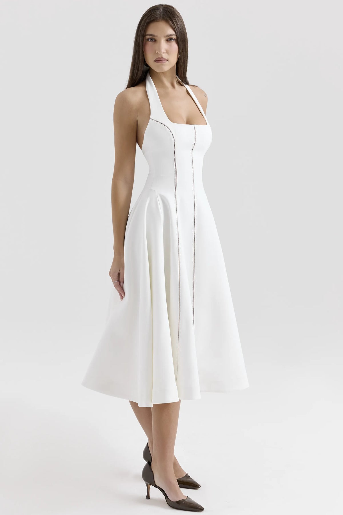 Loulou Ivory Halter Neck Midi Dress