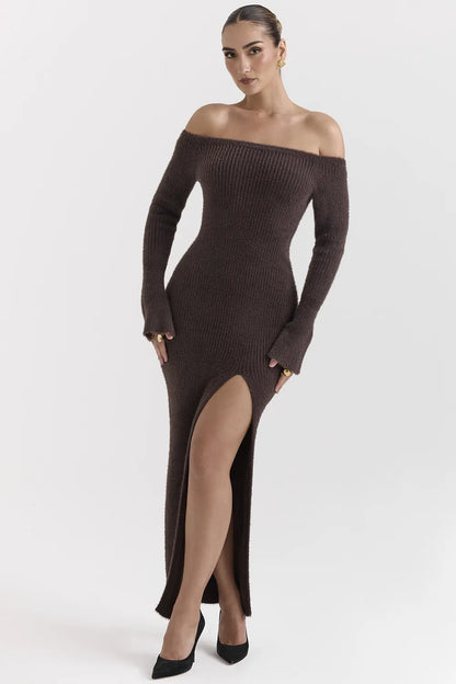 Lucena Espresso Knit Off Shoulder Dress